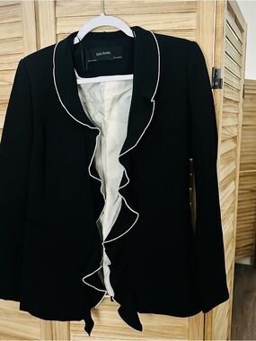 Zara Black Blazer with White Ruffle Trim